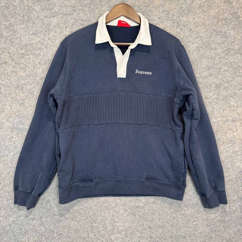 Supreme Rugby Sweatshirt Mens Medium Heavyweight 2017 Fleece Navy Blue White